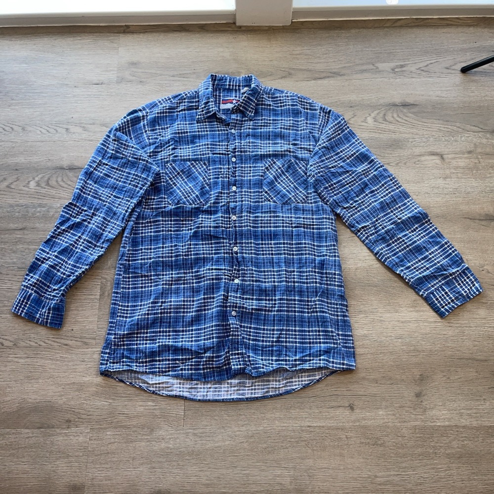Vtg American Edition Men's Blue Plaid Long Sleeve Button Down Shirt Size LG-TALL